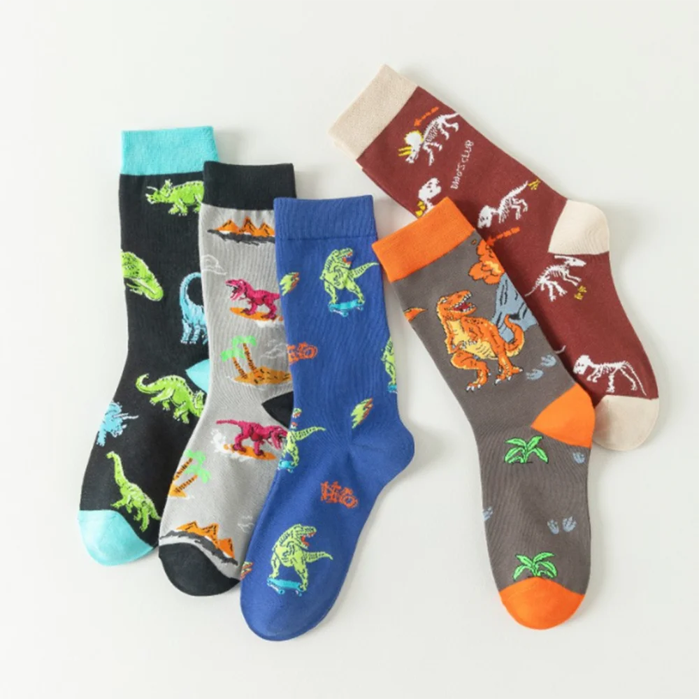 5 Pairs/Set Unisex Novelty Socks Women's Socks Funky Fancy Dinosaur Skull Trendy Funny Casual Cotton Crew Socks for Women