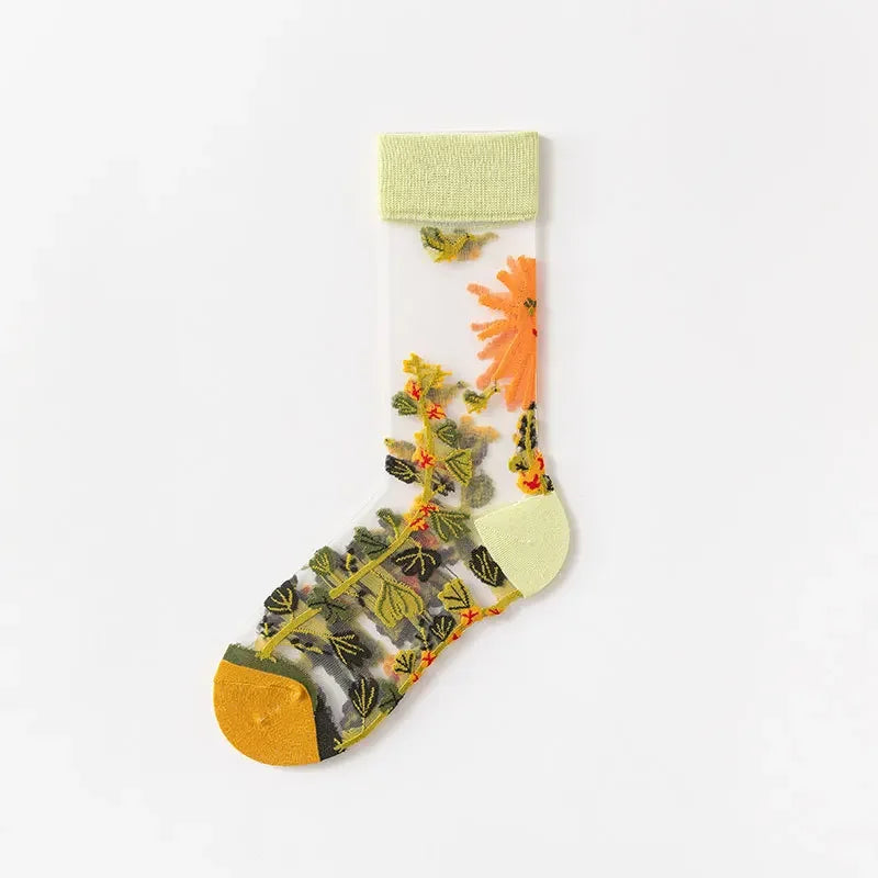 Novelty Casual Women Socks Harajuku Summer Ultra-thin Transparent Glass Silk Socks Sunflowers Crystal Funny Socks High Quality
