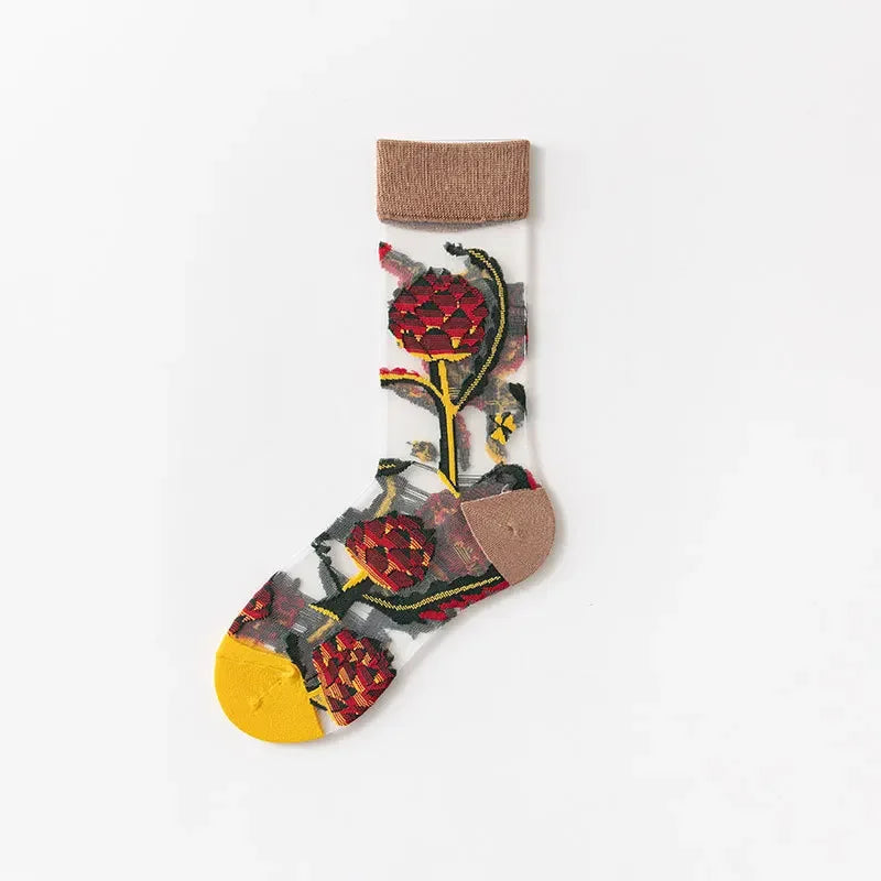 Novelty Casual Women Socks Harajuku Summer Ultra-thin Transparent Glass Silk Socks Sunflowers Crystal Funny Socks High Quality