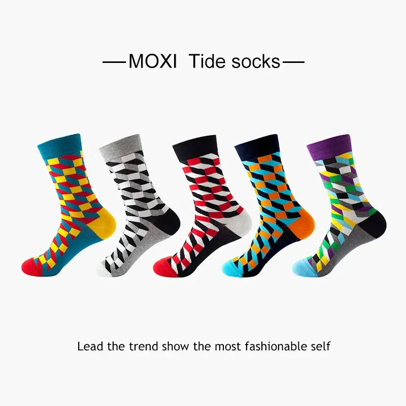 5 Pairs Novelty Men's Cotton Socks Colorful Pattern Funny Fashion Happy Crew Dress Socks Male Tide Brand Men Cotton Socks
