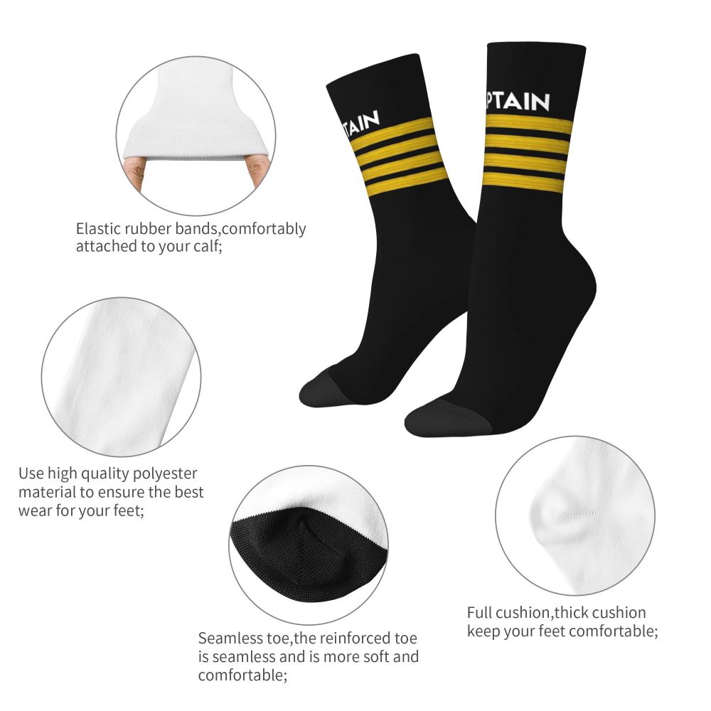 Novelty Printed Captain Stripes Epaulettes Socks for Women Men Stretchy Summer Autumn Winter Aviation Airplane Pilot Crew Socks