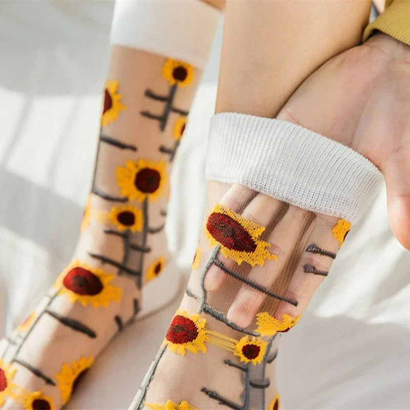 Novelty Casual Women Socks Harajuku Summer Ultra-thin Transparent Glass Silk Socks Sunflowers Crystal Funny Socks High Quality