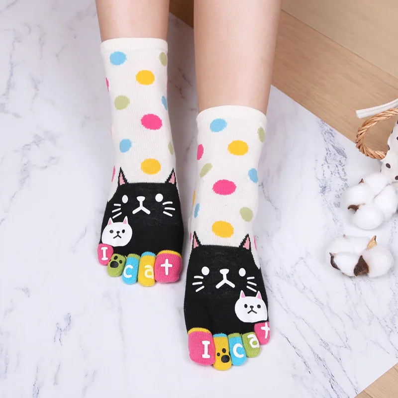 Novelty Cute Ankle Five Finger Happy Socks Woman Print Cotton Dispensing White Harajuku Girl No Show Funny Socks with Toes New