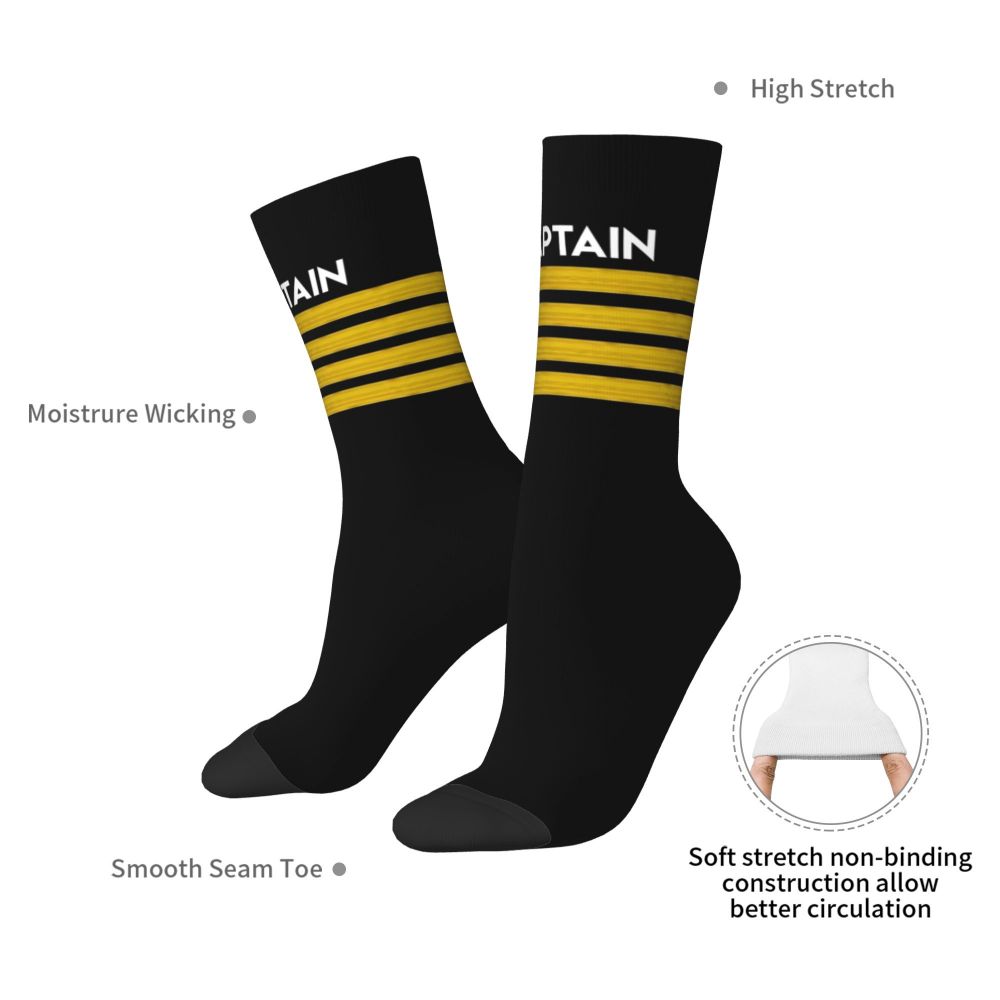 Novelty Printed Captain Stripes Epaulettes Socks for Women Men Stretchy Summer Autumn Winter Aviation Airplane Pilot Crew Socks