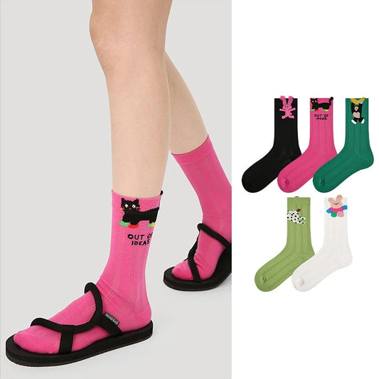 5 Pairs Women's Novelty Colorful Cat and Bunny Socks - Fun Animal Patterns, Mid-Calf Length, Playful Animal Designs,Cute Socks