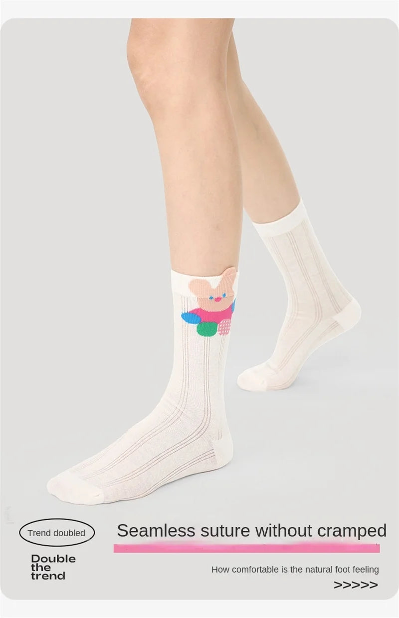 5 Pairs Women's Novelty Colorful Cat and Bunny Socks - Fun Animal Patterns, Mid-Calf Length, Playful Animal Designs,Cute Socks