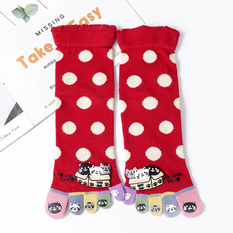 Novelty Cute Ankle Five Finger Happy Socks Woman Print Cotton Dispensing White Harajuku Girl No Show Funny Socks with Toes New