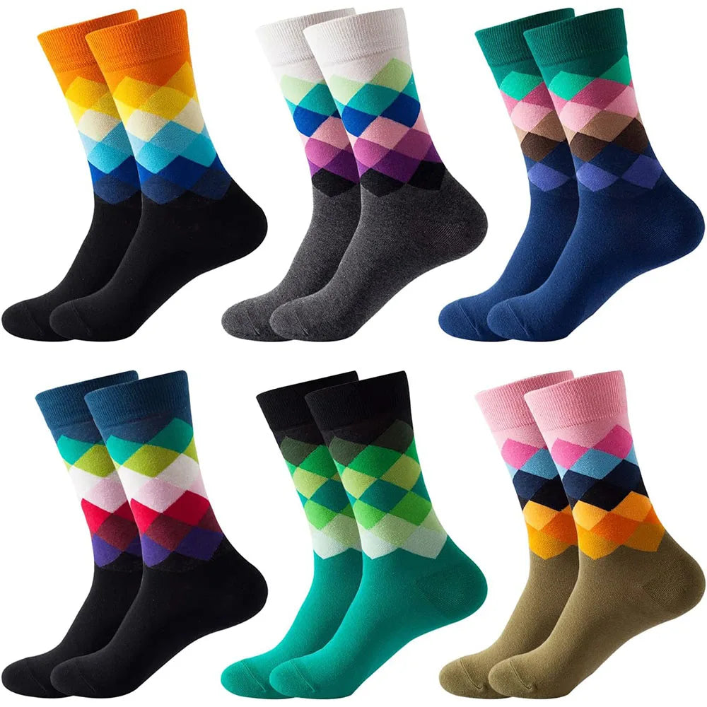 6 Pairs Unisex New Fashion Colorful Happy Casual Socks Dress Harajuku Cute Spaceman Grid Women Funny Socks