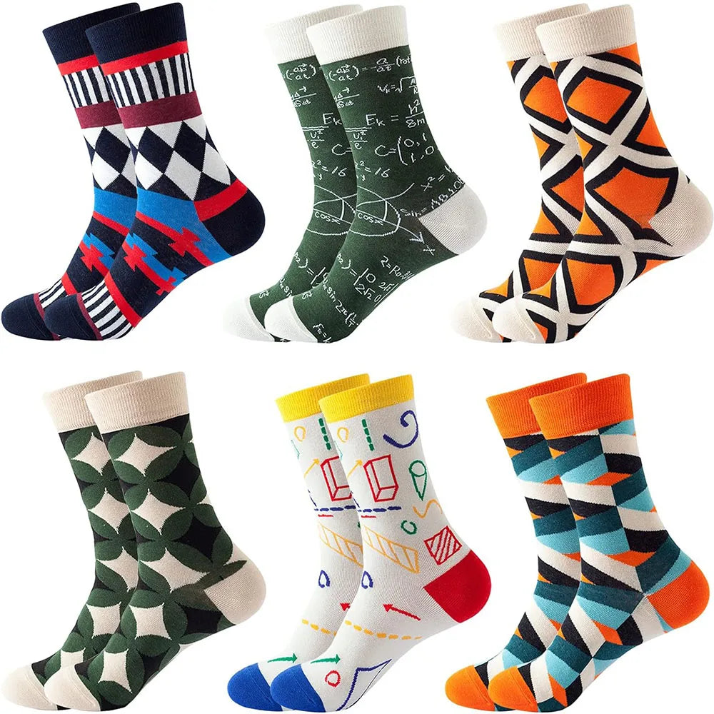 6 Pairs Unisex New Fashion Colorful Happy Casual Socks Dress Harajuku Cute Spaceman Grid Women Funny Socks