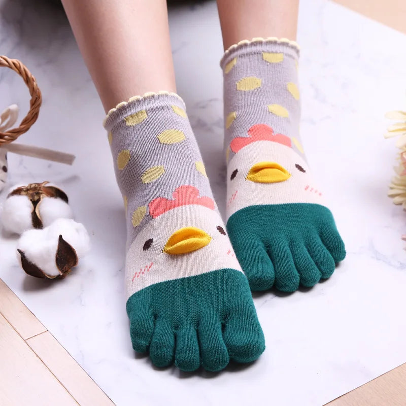 Novelty Cute Ankle Five Finger Happy Socks Woman Print Cotton Dispensing White Harajuku Girl No Show Funny Socks with Toes New