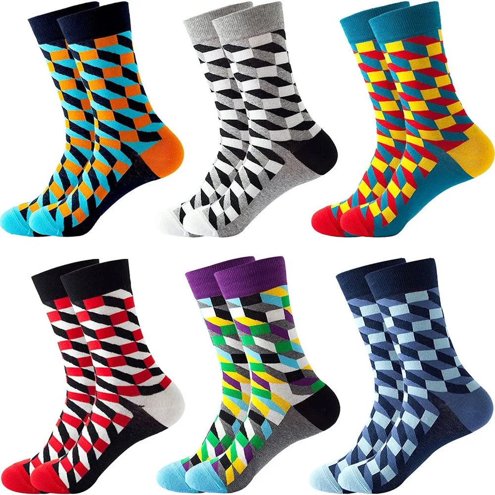 6 Pairs Unisex New Fashion Colorful Happy Casual Socks Dress Harajuku Cute Spaceman Grid Women Funny Socks