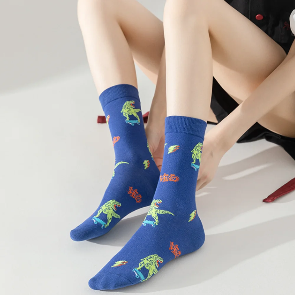 5 Pairs/Set Unisex Novelty Socks Women's Socks Funky Fancy Dinosaur Skull Trendy Funny Casual Cotton Crew Socks for Women