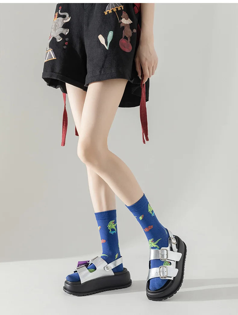 5 Pairs/Set Unisex Novelty Socks Women's Socks Funky Fancy Dinosaur Skull Trendy Funny Casual Cotton Crew Socks for Women