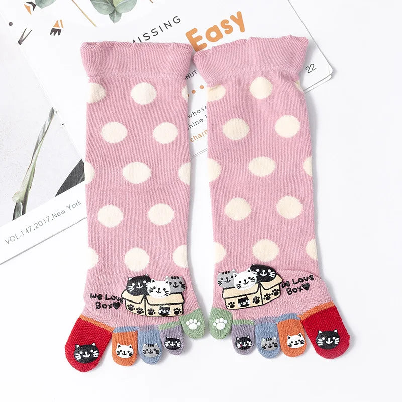 Novelty Cute Ankle Five Finger Happy Socks Woman Print Cotton Dispensing White Harajuku Girl No Show Funny Socks with Toes New
