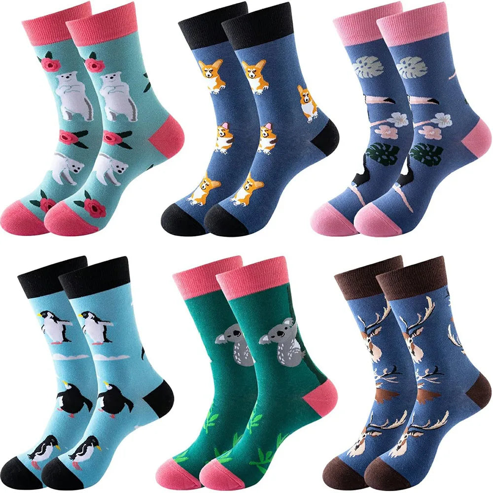 6 Pairs Unisex New Fashion Colorful Happy Casual Socks Dress Harajuku Cute Spaceman Grid Women Funny Socks