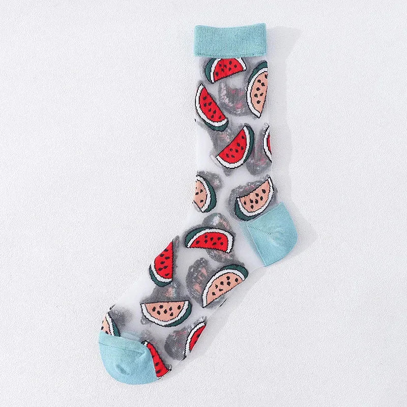 Novelty Casual Women Socks Harajuku Summer Ultra-thin Transparent Glass Silk Socks Sunflowers Crystal Funny Socks High Quality