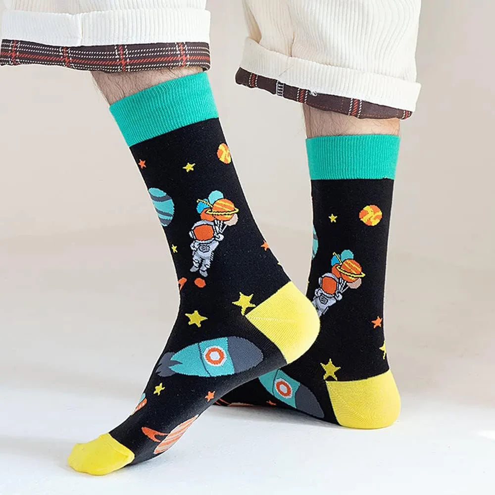 6 Pairs Unisex New Fashion Colorful Happy Casual Socks Dress Harajuku Cute Spaceman Grid Women Funny Socks