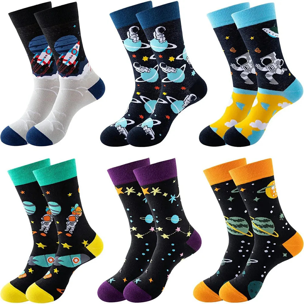 6 Pairs Unisex New Fashion Colorful Happy Casual Socks Dress Harajuku Cute Spaceman Grid Women Funny Socks