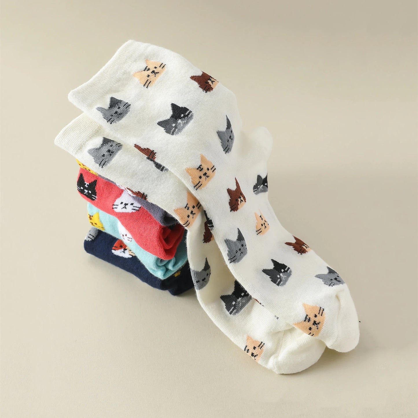 5 Pairs Women Cat Pattern Crew Funny Cartoon Socks Lot