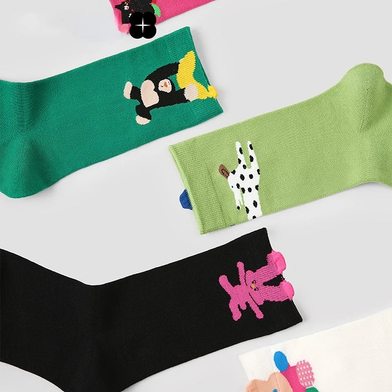 5 Pairs Women's Novelty Colorful Cat and Bunny Socks - Fun Animal Patterns, Mid-Calf Length, Playful Animal Designs,Cute Socks