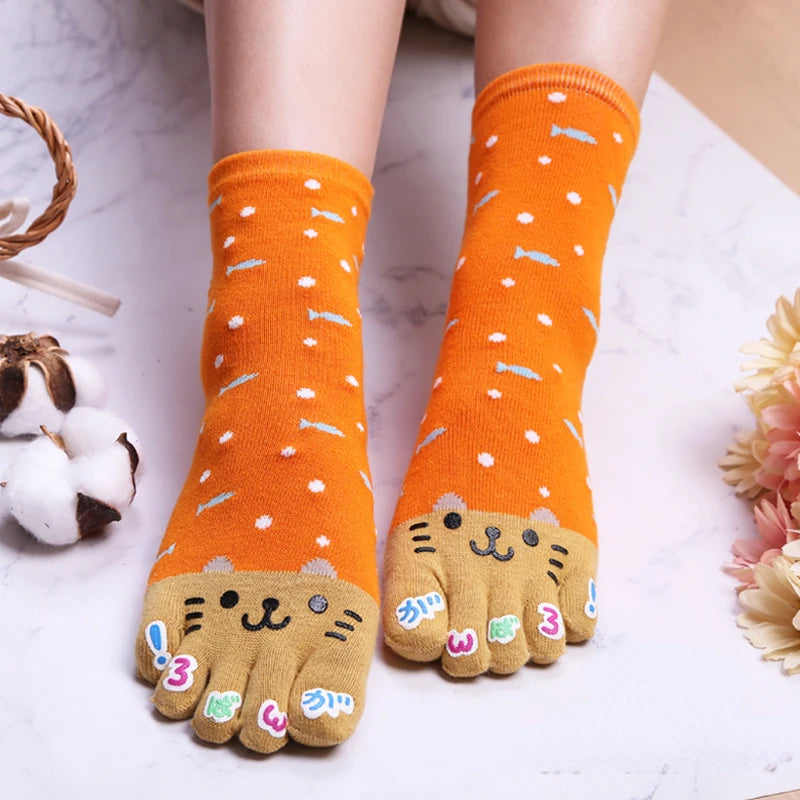 Novelty Cute Ankle Five Finger Happy Socks Woman Print Cotton Dispensing White Harajuku Girl No Show Funny Socks with Toes New