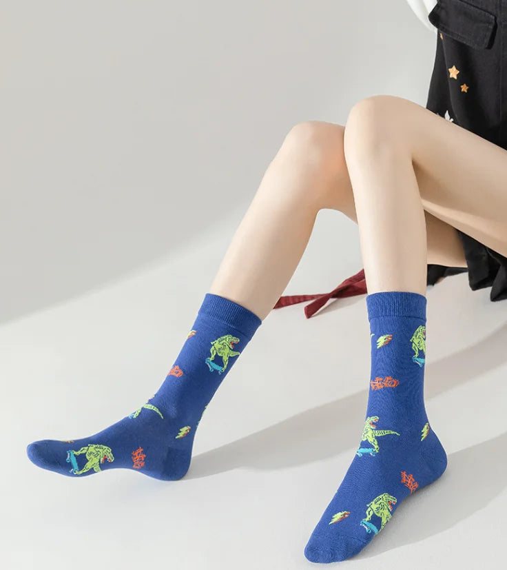5 Pairs/Set Unisex Novelty Socks Women's Socks Funky Fancy Dinosaur Skull Trendy Funny Casual Cotton Crew Socks for Women