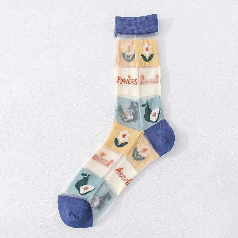 Novelty Casual Women Socks Harajuku Summer Ultra-thin Transparent Glass Silk Socks Sunflowers Crystal Funny Socks High Quality