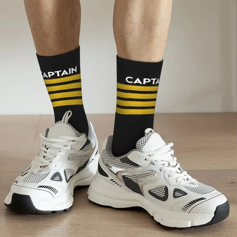 Novelty Printed Captain Stripes Epaulettes Socks for Women Men Stretchy Summer Autumn Winter Aviation Airplane Pilot Crew Socks