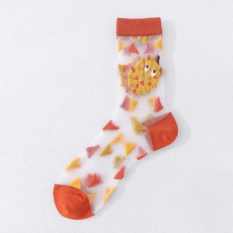 Novelty Casual Women Socks Harajuku Summer Ultra-thin Transparent Glass Silk Socks Sunflowers Crystal Funny Socks High Quality