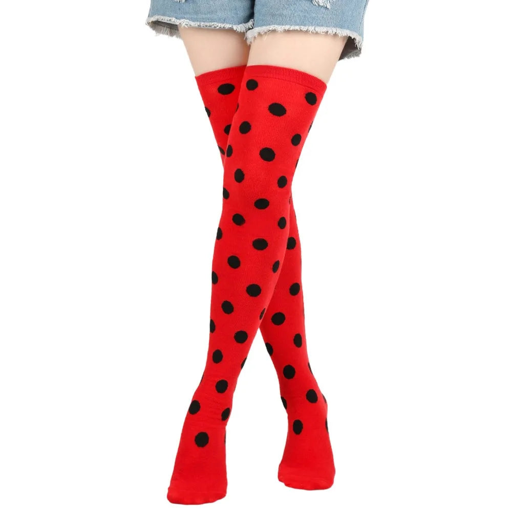 Novelty Polka Dot Thigh High Stockings Ladybug 80s 90s Red Black Dot Socks Knee High Socks for Women