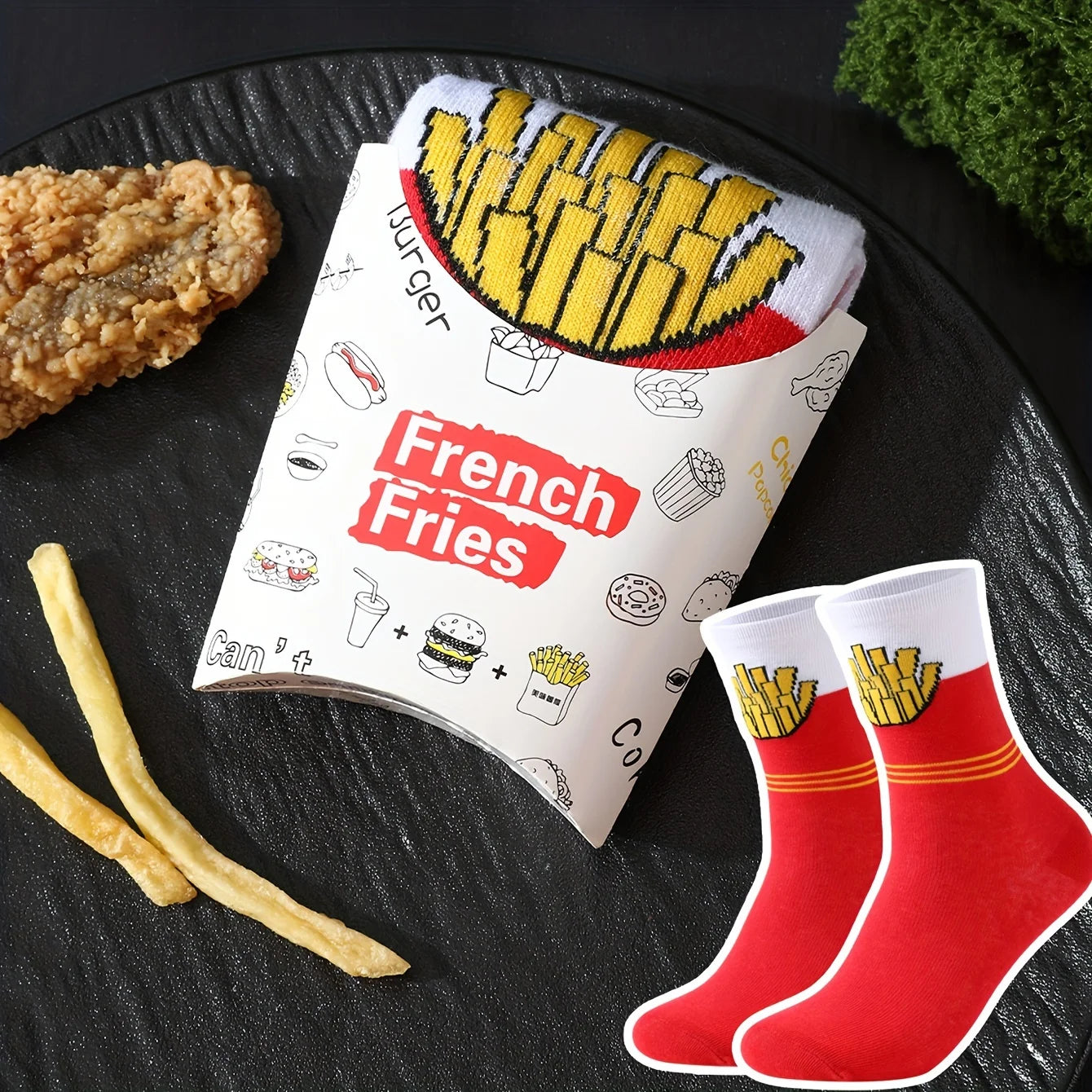 A pair of novelty and fun red fries pattern gift socks, leisure versatile.suitable for Halloween Christmas Valentine's Day Gifts