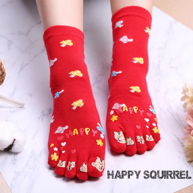 Novelty Cute Ankle Five Finger Happy Socks Woman Print Cotton Dispensing White Harajuku Girl No Show Funny Socks with Toes New