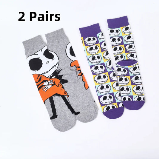 2 Pairs Novelty  Mens Crew Socks With Spooky Designs For Halloween Parties