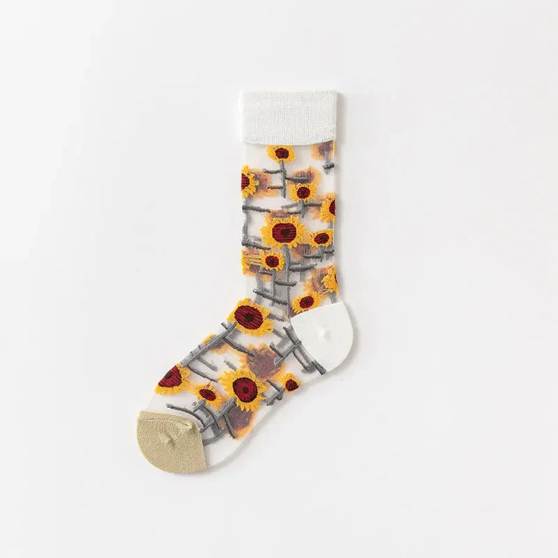 Novelty Casual Women Socks Harajuku Summer Ultra-thin Transparent Glass Silk Socks Sunflowers Crystal Funny Socks High Quality