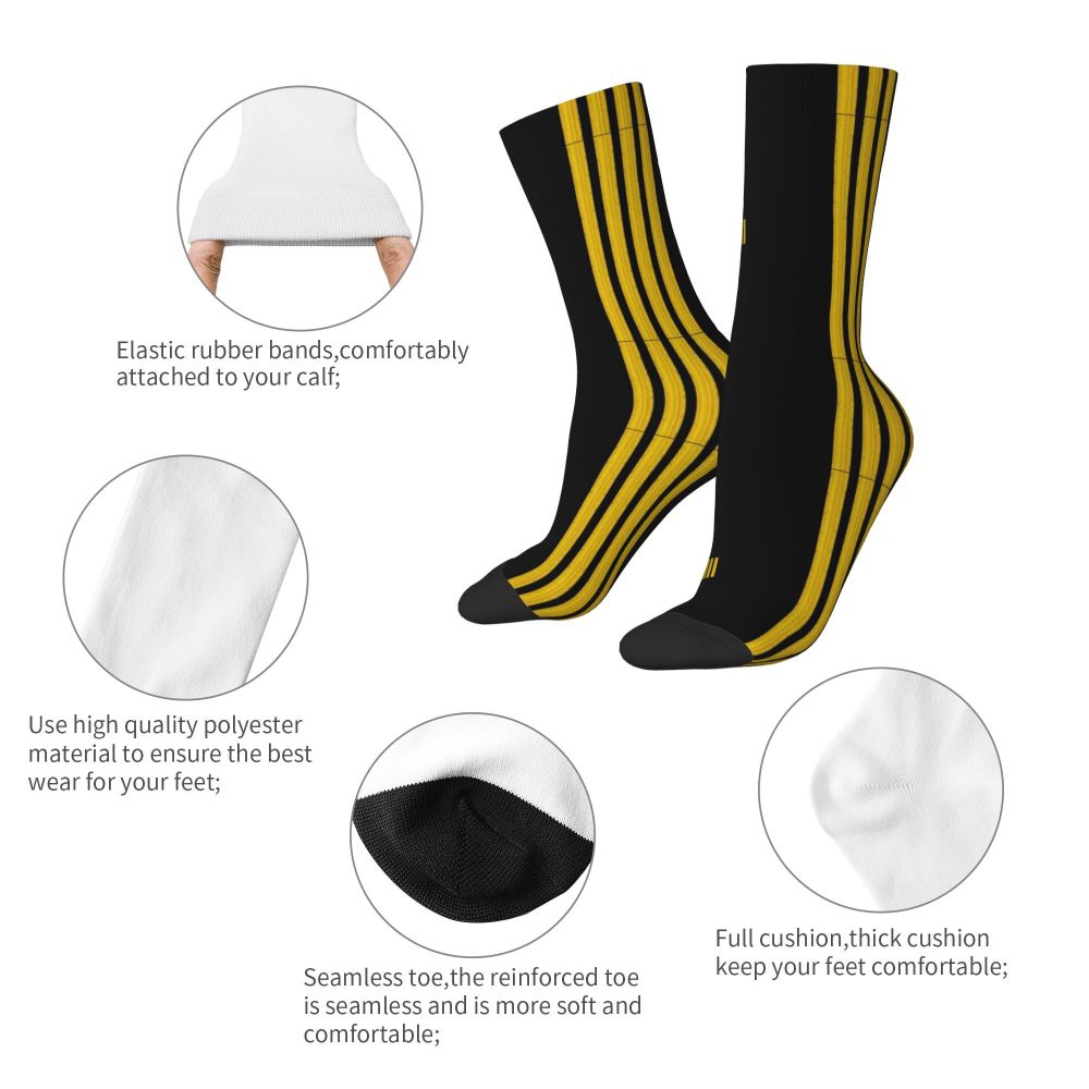 Novelty Printed Captain Stripes Epaulettes Socks for Women Men Stretchy Summer Autumn Winter Aviation Airplane Pilot Crew Socks
