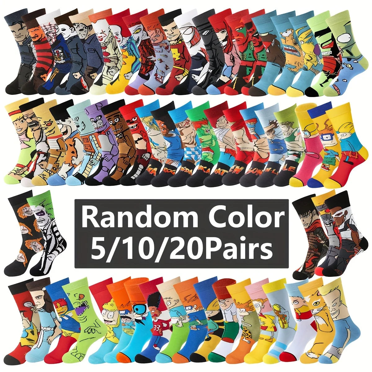 5/10/20pairs Unisex Cartoon Anime Socks, Fashion Novelty Funny Socks, Skateboard Socks, Women Men's Socks & Hosiery