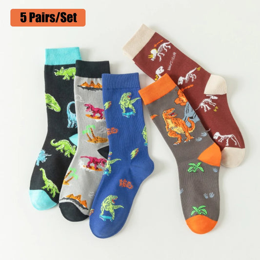 5 Pairs/Set Unisex Novelty Socks Women's Socks Funky Fancy Dinosaur Skull Trendy Funny Casual Cotton Crew Socks for Women