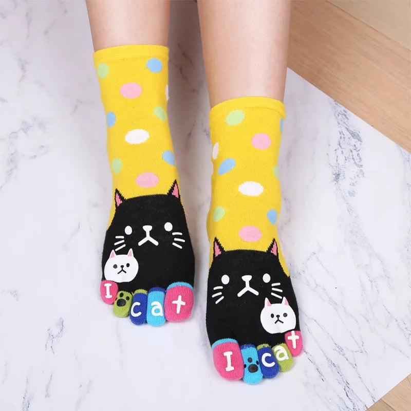 Novelty Cute Ankle Five Finger Happy Socks Woman Print Cotton Dispensing White Harajuku Girl No Show Funny Socks with Toes New