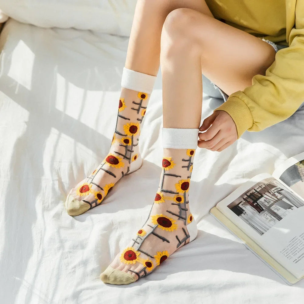 Novelty Casual Women Socks Harajuku Summer Ultra-thin Transparent Glass Silk Socks Sunflowers Crystal Funny Socks High Quality