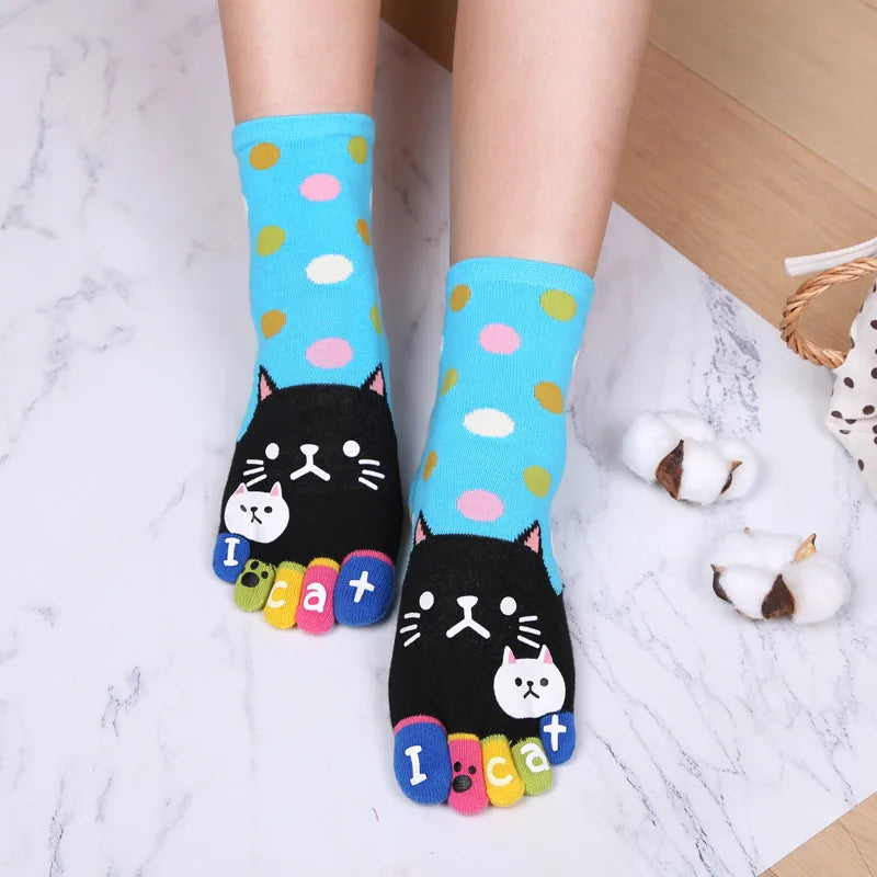 Novelty Cute Ankle Five Finger Happy Socks Woman Print Cotton Dispensing White Harajuku Girl No Show Funny Socks with Toes New