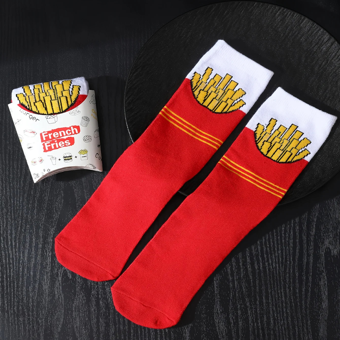 A pair of novelty and fun red fries pattern gift socks, leisure versatile.suitable for Halloween Christmas Valentine's Day Gifts