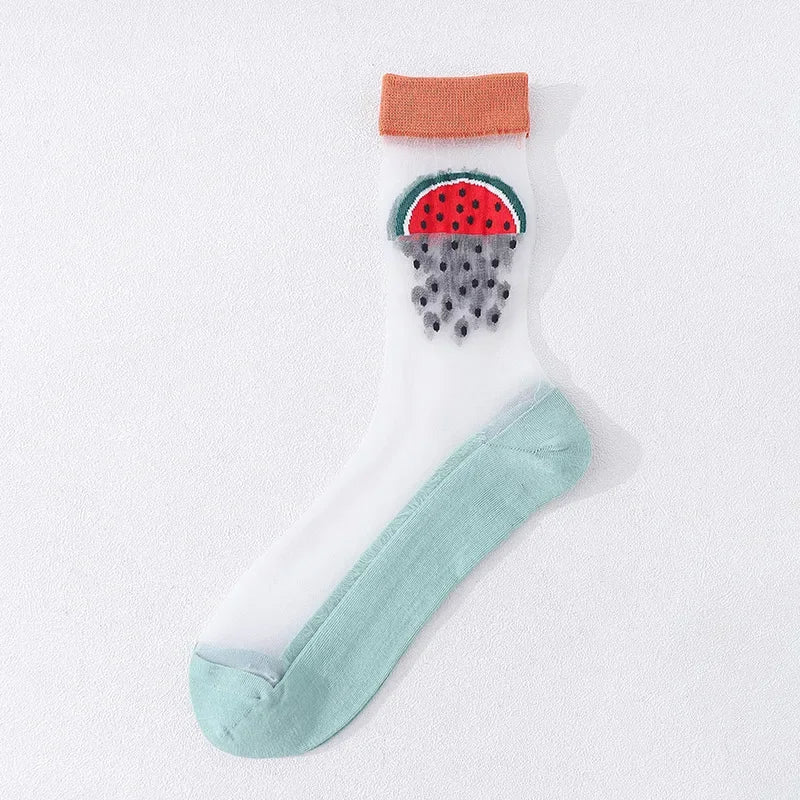 Novelty Casual Women Socks Harajuku Summer Ultra-thin Transparent Glass Silk Socks Sunflowers Crystal Funny Socks High Quality