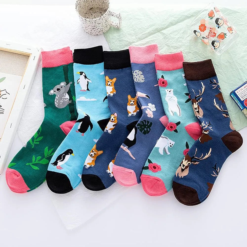 6 Pairs Unisex New Fashion Colorful Happy Casual Socks Dress Harajuku Cute Spaceman Grid Women Funny Socks
