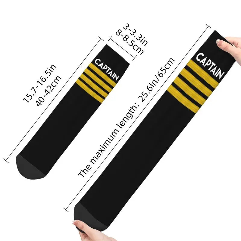 Novelty Printed Captain Stripes Epaulettes Socks for Women Men Stretchy Summer Autumn Winter Aviation Airplane Pilot Crew Socks