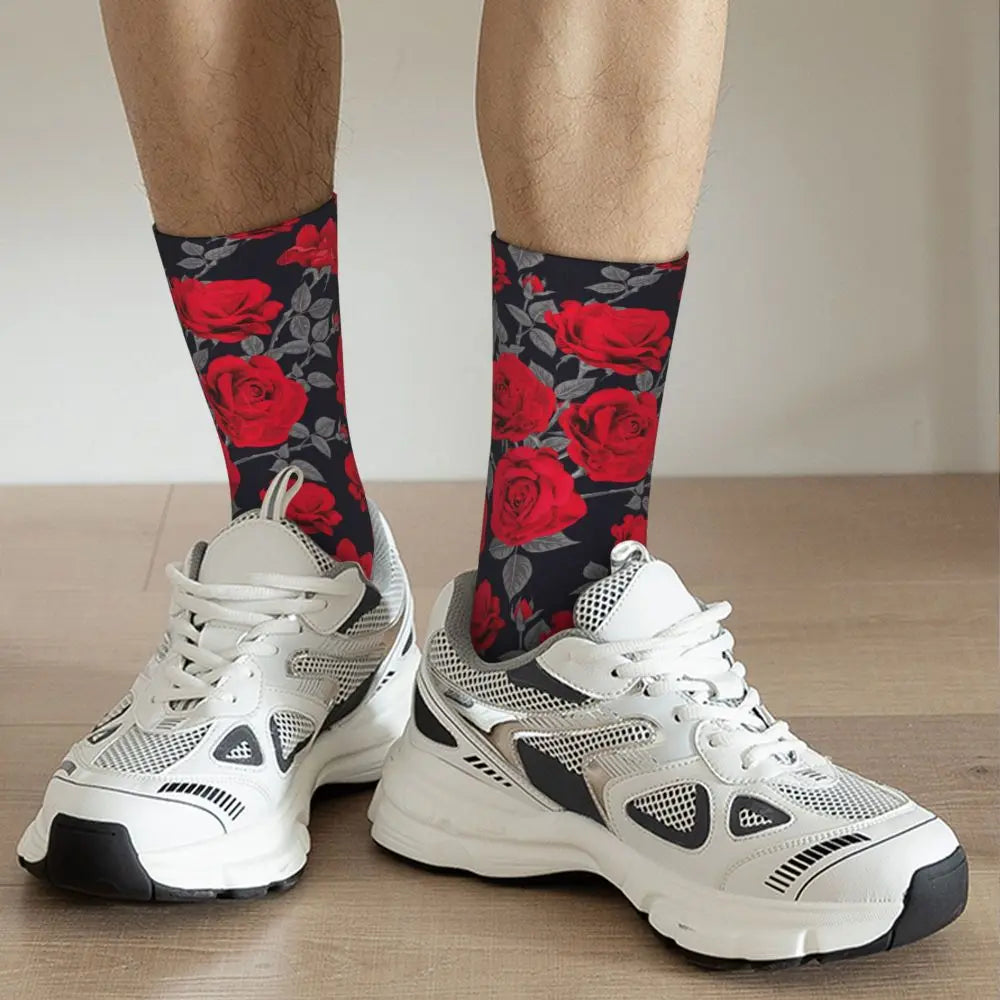 New Men's Socks Novelty Red Rose Flowers Vintage Sock Polyester Sport Women Socks Spring Summer Autumn Winter