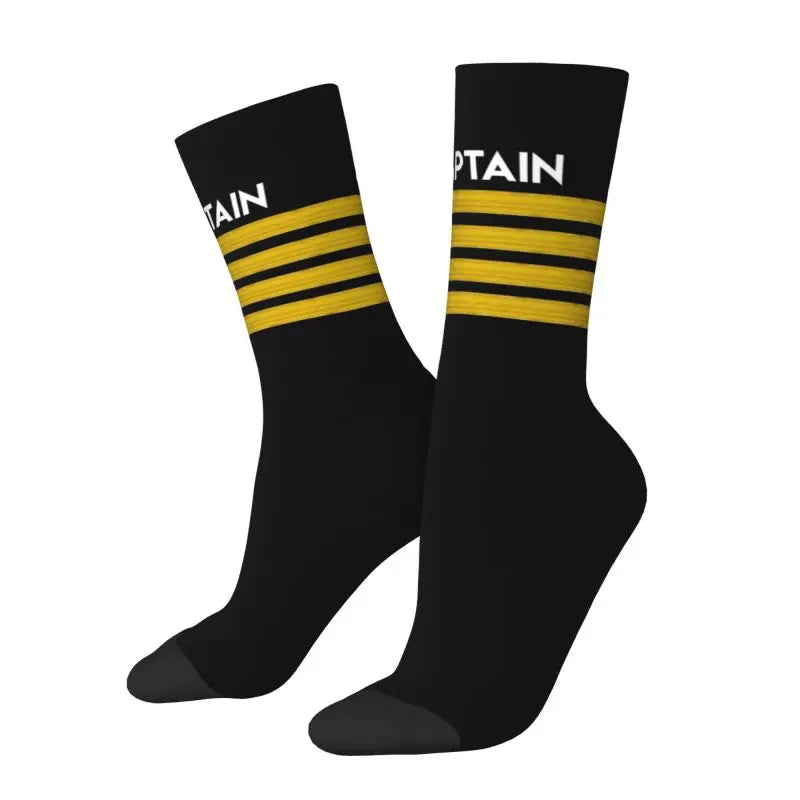 Novelty Printed Captain Stripes Epaulettes Socks for Women Men Stretchy Summer Autumn Winter Aviation Airplane Pilot Crew Socks