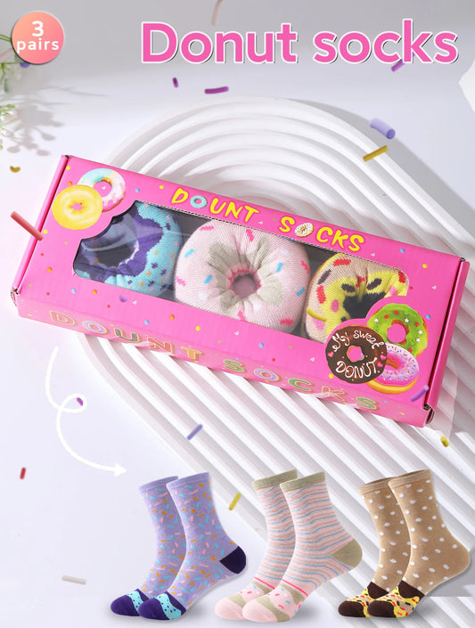 3 Pairs of Mid-Tube Men's and Women's Novelty and Interesting Donut Chocolate Gift Box Socks European and American Fashion Trendy Style Comfortable and Breathable Suitable for Mom and Lover Party Casual Novelty Gifts Valentin